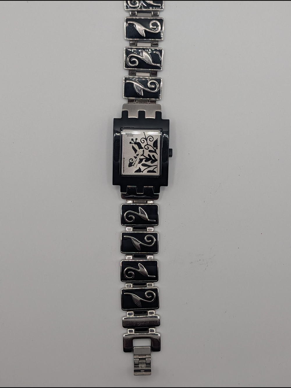 Vintage Swatch Swiss Square Floral Bracelet Watch Black Silver Women's Quartz - Picture 3 of 7